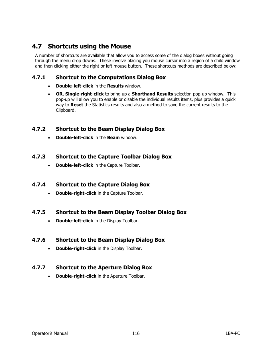 Shortcuts using the mouse, Shortcut to the computations dialog box, Shortcut to the beam display dialog box | Shortcut to the capture toolbar dialog box, Shortcut to the capture dialog box, Shortcut to the beam display toolbar dialog box, Shortcut to the aperture dialog box, 7 shortcuts using the mouse | SIGMA LBA-708 User Manual | Page 116 / 281