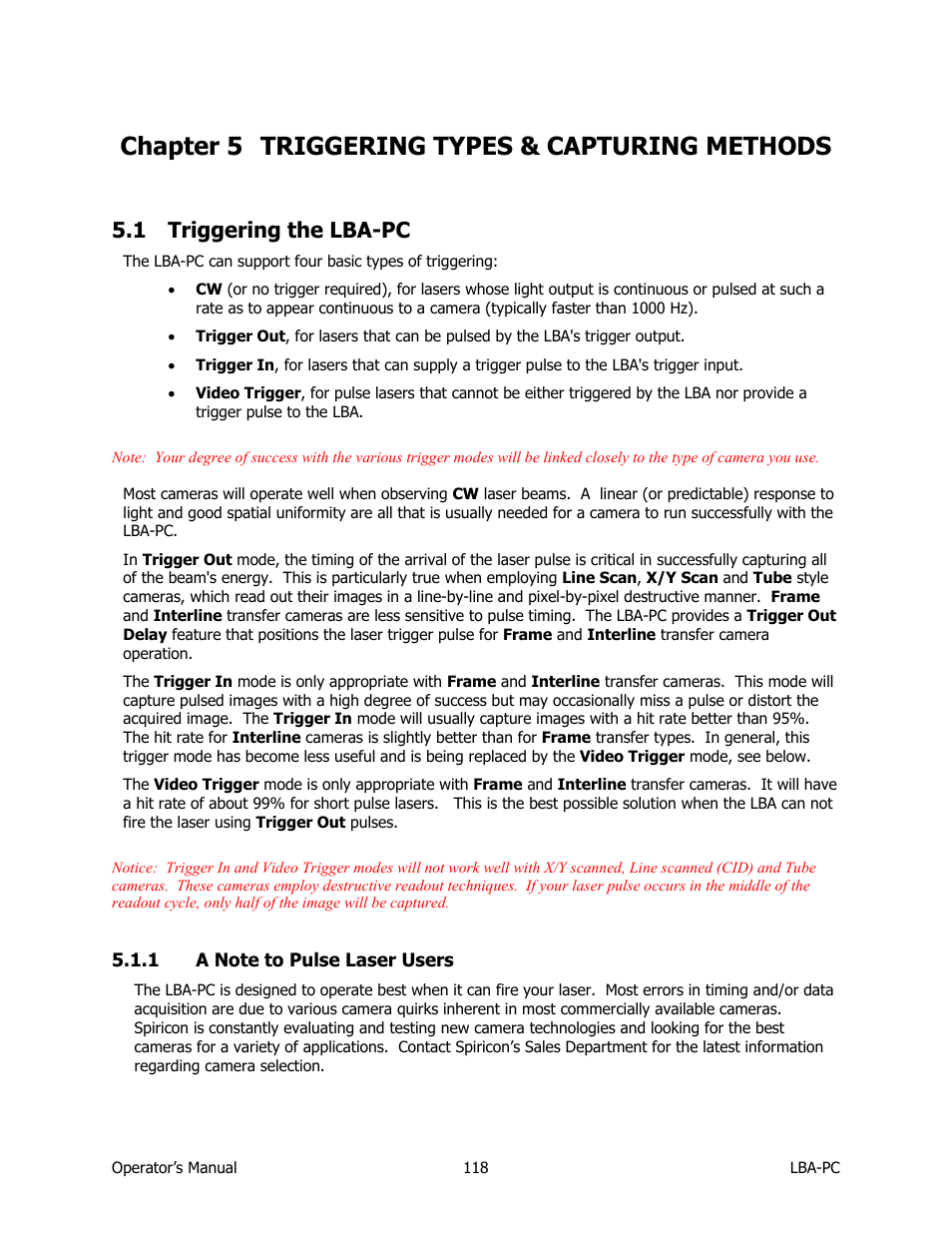 Triggering types & capturing methods, Triggering the lba-pc, A note to pulse laser users | Chapter 5, 1 triggering the lba-pc, Chapter 5 triggering types & capturing methods | SIGMA LBA-708 User Manual | Page 118 / 281