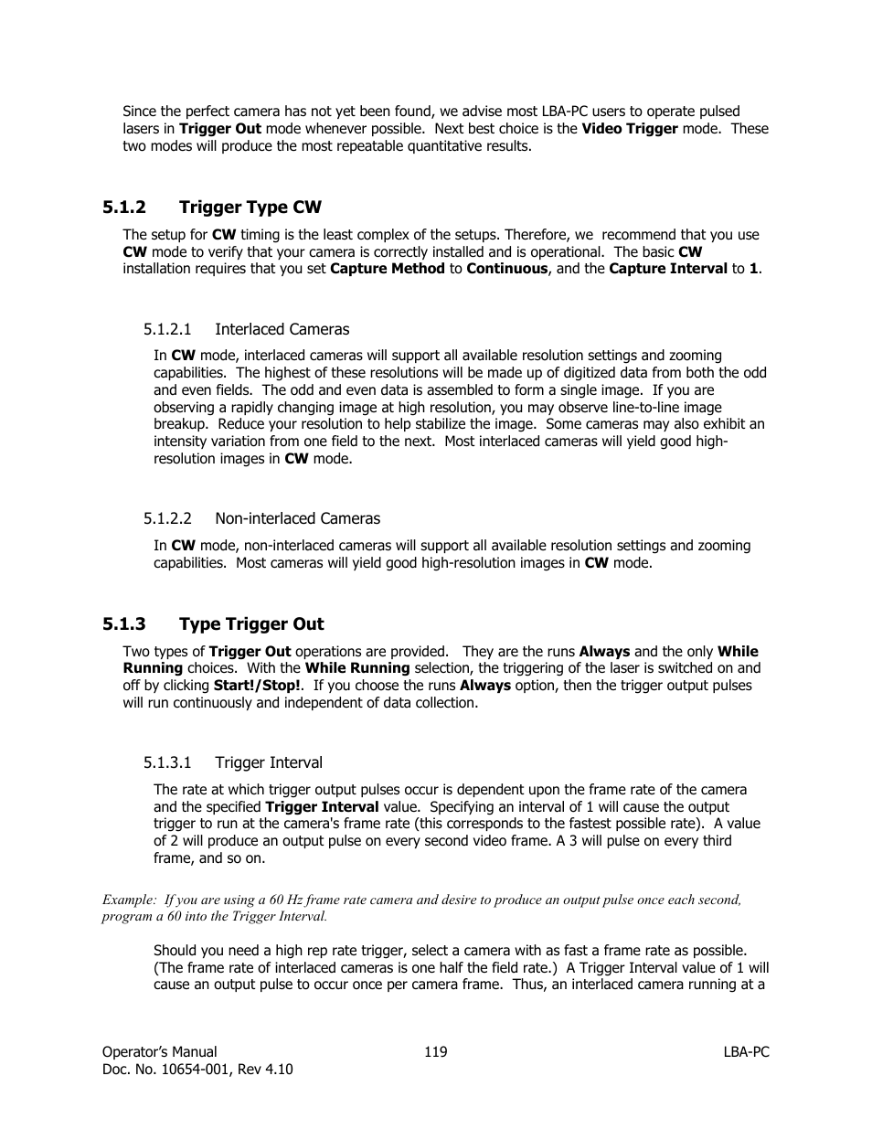 Trigger type cw, Interlaced cameras, Non-interlaced cameras | Type trigger out, Trigger interval | SIGMA LBA-708 User Manual | Page 119 / 281