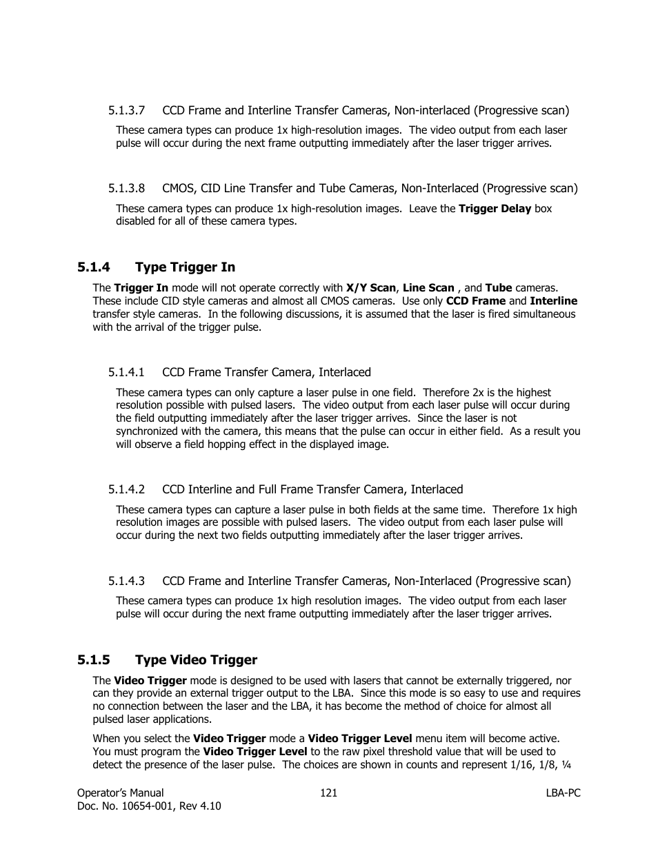 Type trigger in, Ccd frame transfer camera, interlaced, Type video trigger | SIGMA LBA-708 User Manual | Page 121 / 281