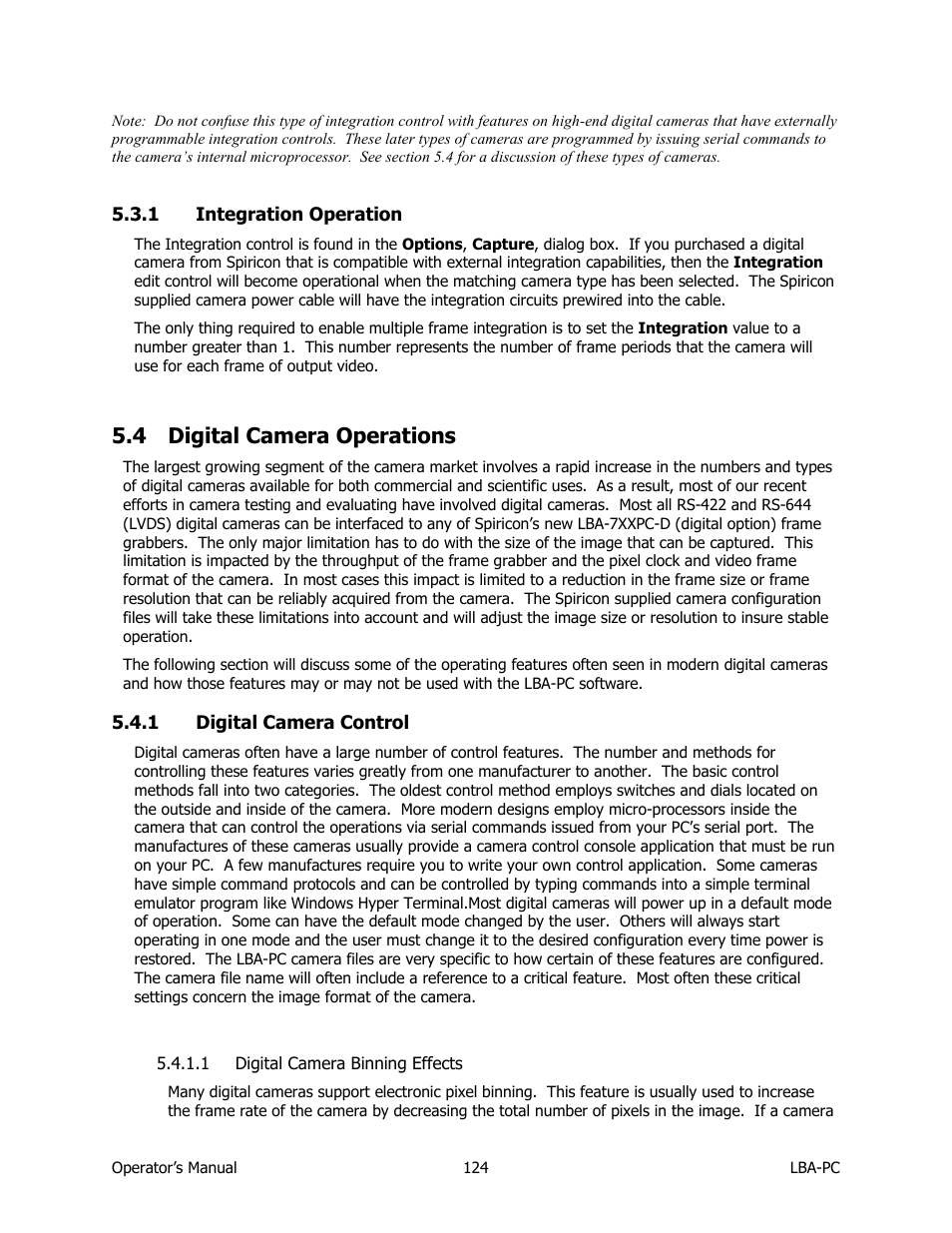 Integration operation, Digital camera operations, Digital camera control | Digital camera binning effects, 4 digital camera operations | SIGMA LBA-708 User Manual | Page 124 / 281