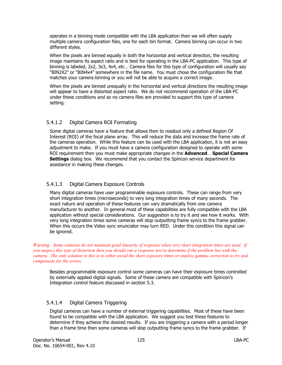 Digital camera roi formating, Digital camera exposure controls, Digital camera triggering | SIGMA LBA-708 User Manual | Page 125 / 281