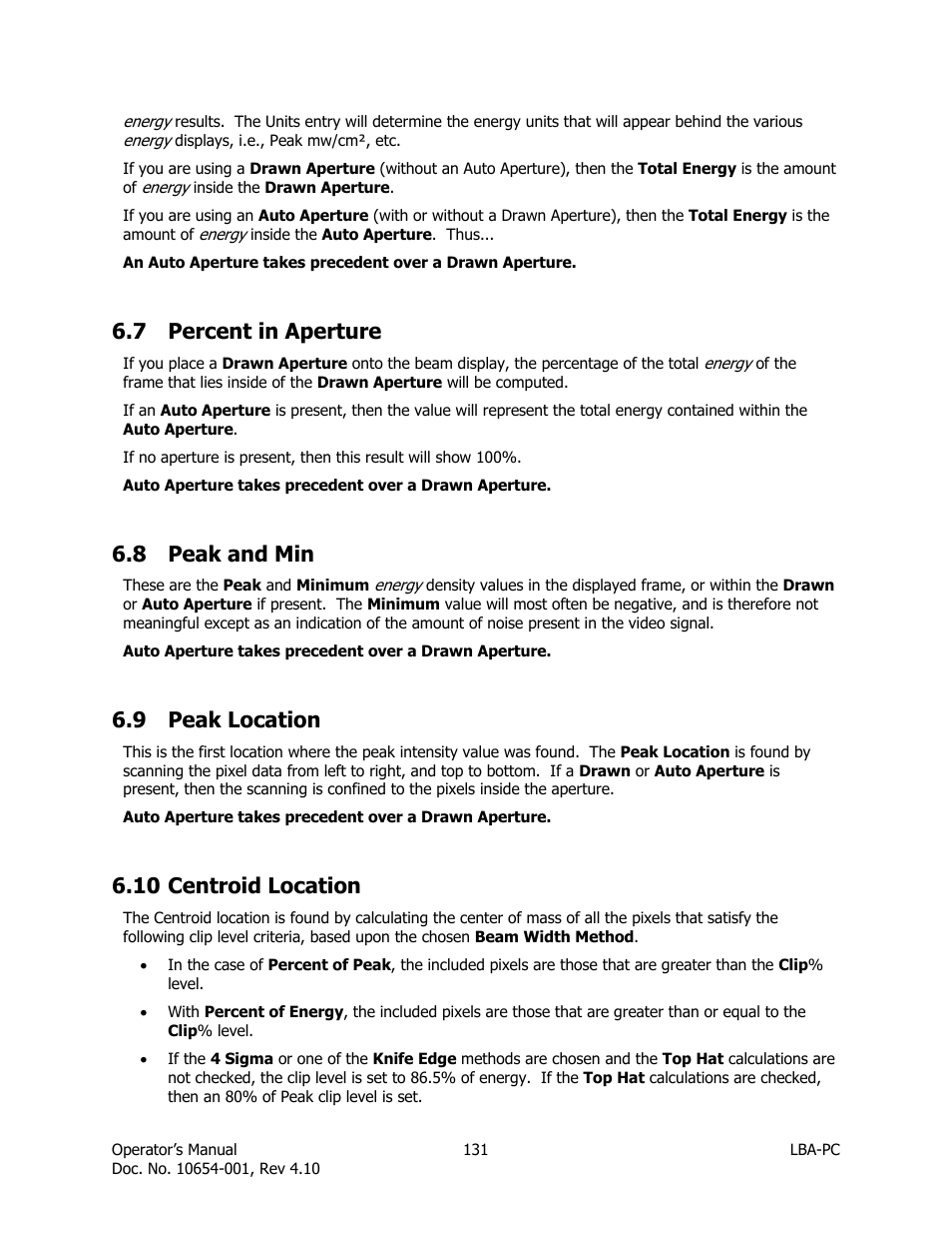 Percent in aperture, Peak and min, Peak location | Centroid location, 7 percent in aperture, 8 peak and min, 9 peak location, 10 centroid location | SIGMA LBA-708 User Manual | Page 131 / 281
