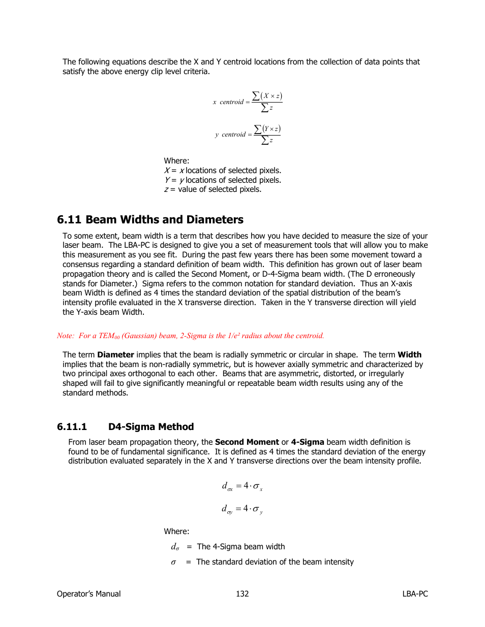 Beam widths and diameters, D4-sigma method, 11 beam widths and diameters | SIGMA LBA-708 User Manual | Page 132 / 281