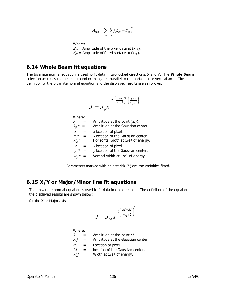 Whole beam fit equations, X/y or major/minor line fit equations, 14 whole beam fit equations | 15 x/y or major/minor line fit equations, Ej j | SIGMA LBA-708 User Manual | Page 136 / 281