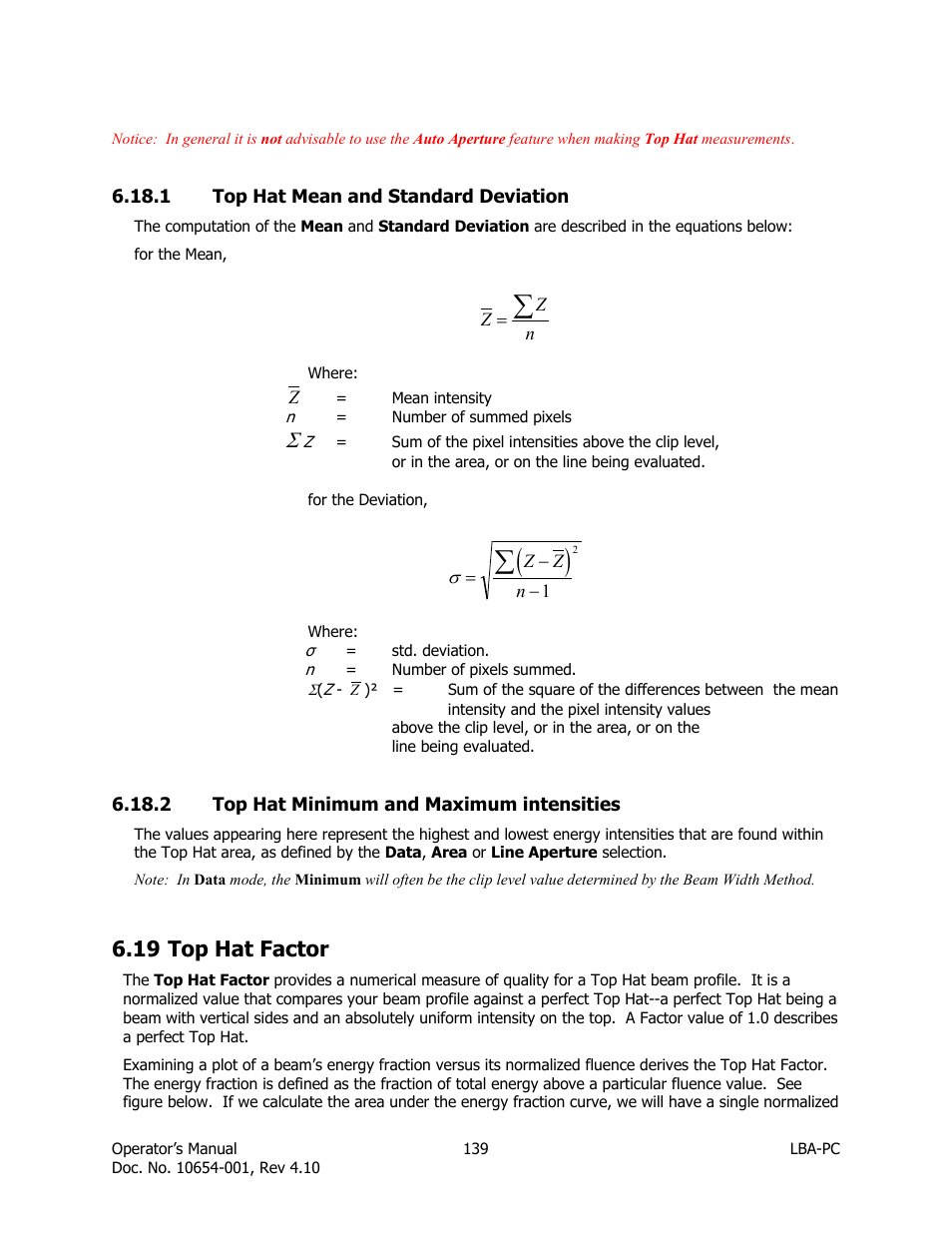 Top hat mean and standard deviation, Top hat minimum and maximum intensities, Top hat factor | 19 top hat factor | SIGMA LBA-708 User Manual | Page 139 / 281