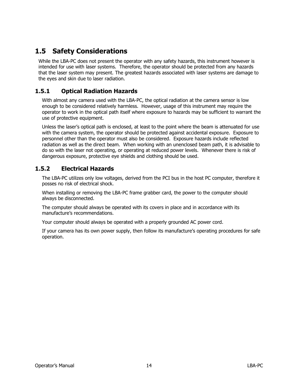 Safety considerations, Optical radiation hazards, Electrical hazards | 5 safety considerations | SIGMA LBA-708 User Manual | Page 14 / 281