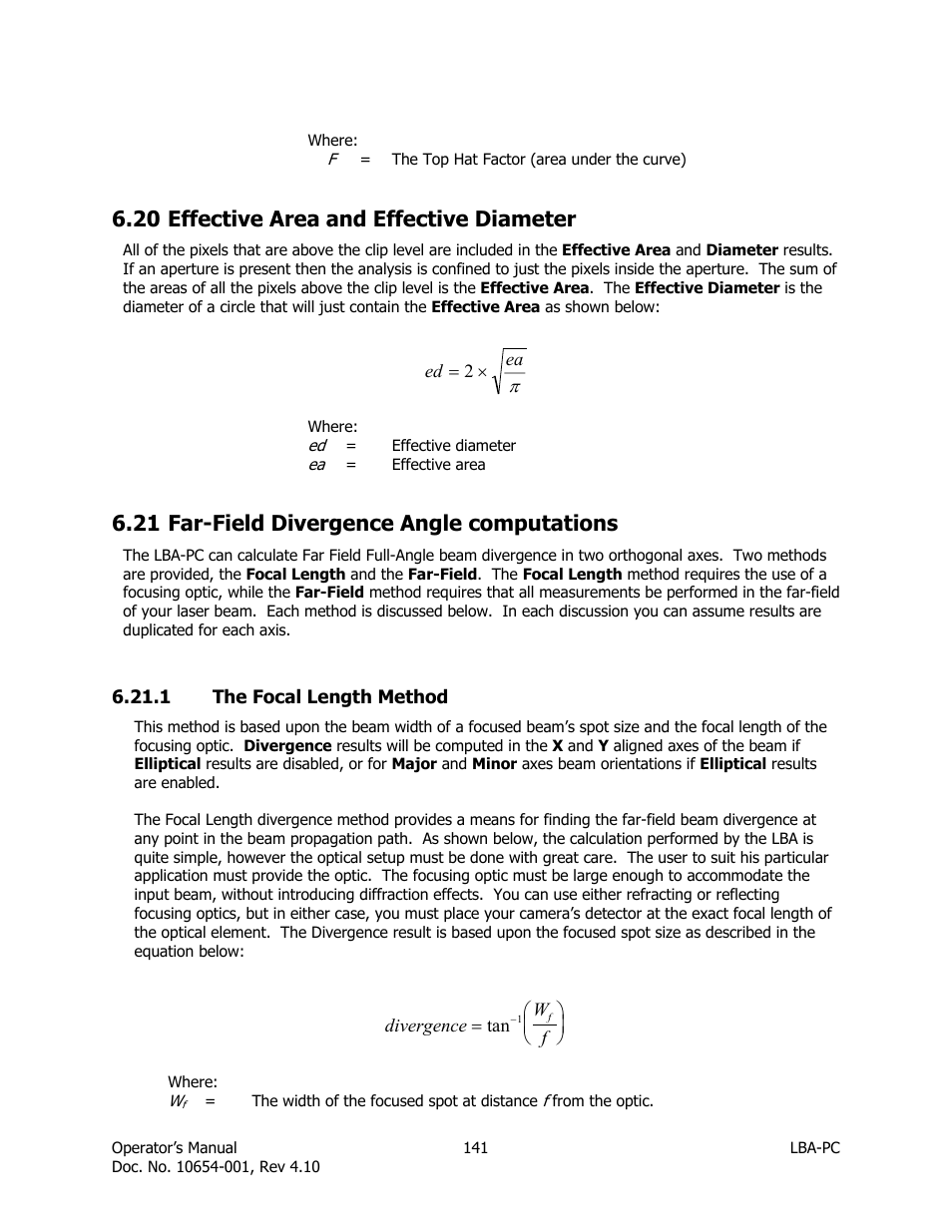 Effective area and effective diameter, Far-field divergence angle computations, The focal length method | 20 effective area and effective diameter, 21 far-field divergence angle computations | SIGMA LBA-708 User Manual | Page 141 / 281