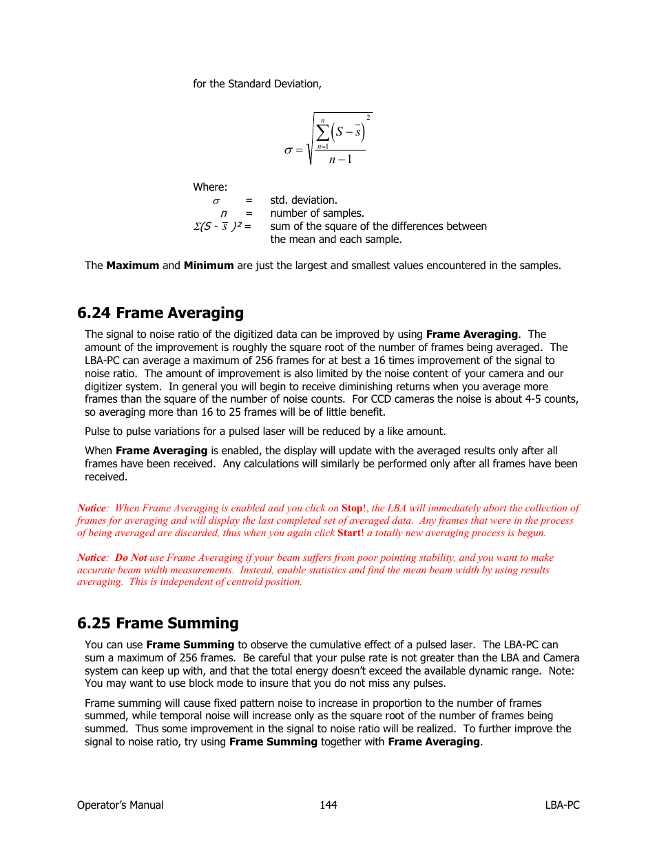 Frame averaging, Frame summing, 24 frame averaging | 25 frame summing | SIGMA LBA-708 User Manual | Page 144 / 281