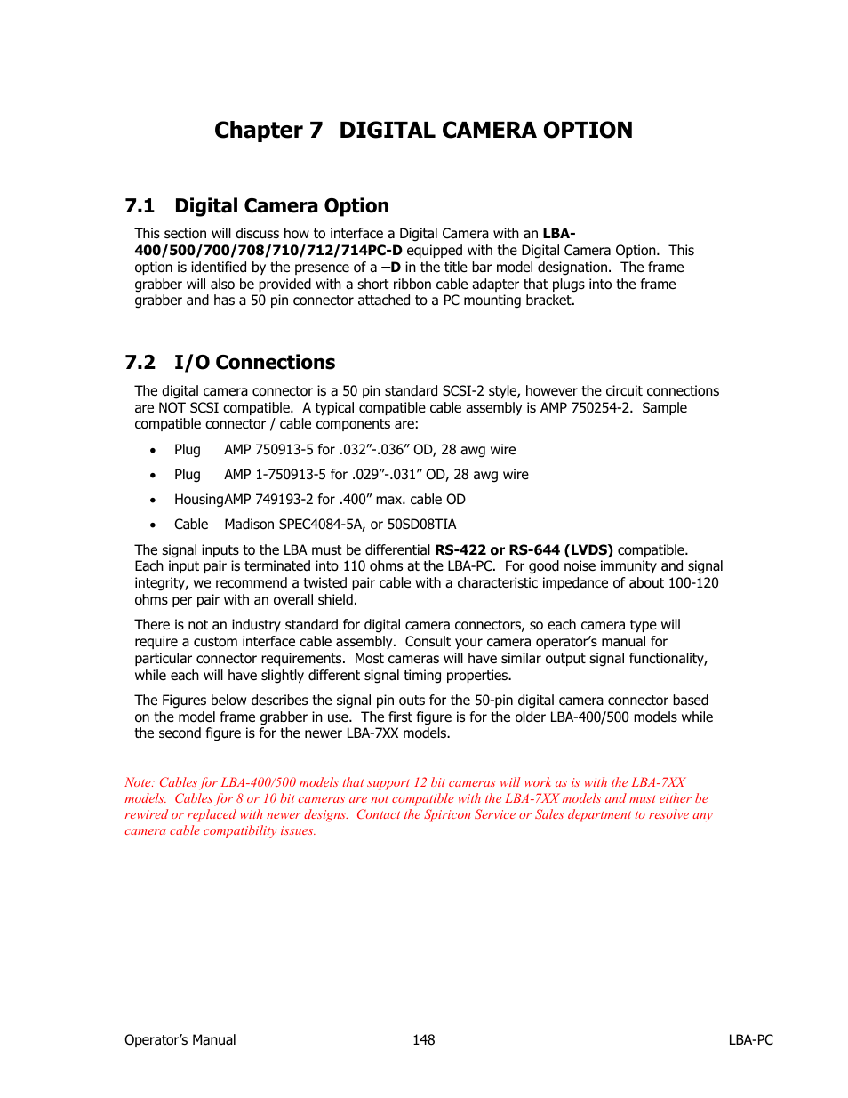 Digital camera option, I/o connections, Chapter 7 | 1 digital camera option, 2 i/o connections, Chapter 7 digital camera option | SIGMA LBA-708 User Manual | Page 148 / 281