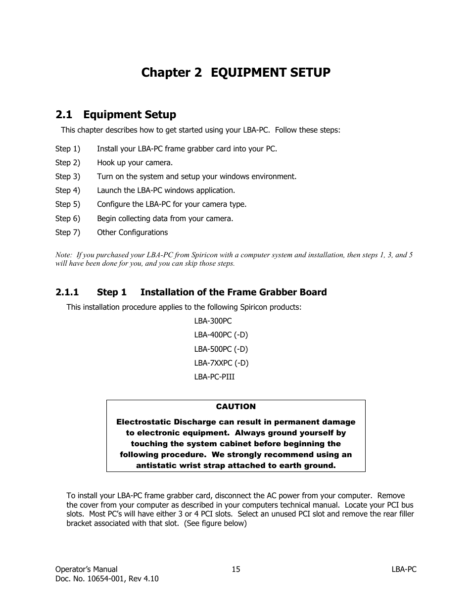 Equipment setup, Step 1 installation of the frame grabber board, Chapter 2 | 1 equipment setup, Chapter 2 equipment setup | SIGMA LBA-708 User Manual | Page 15 / 281