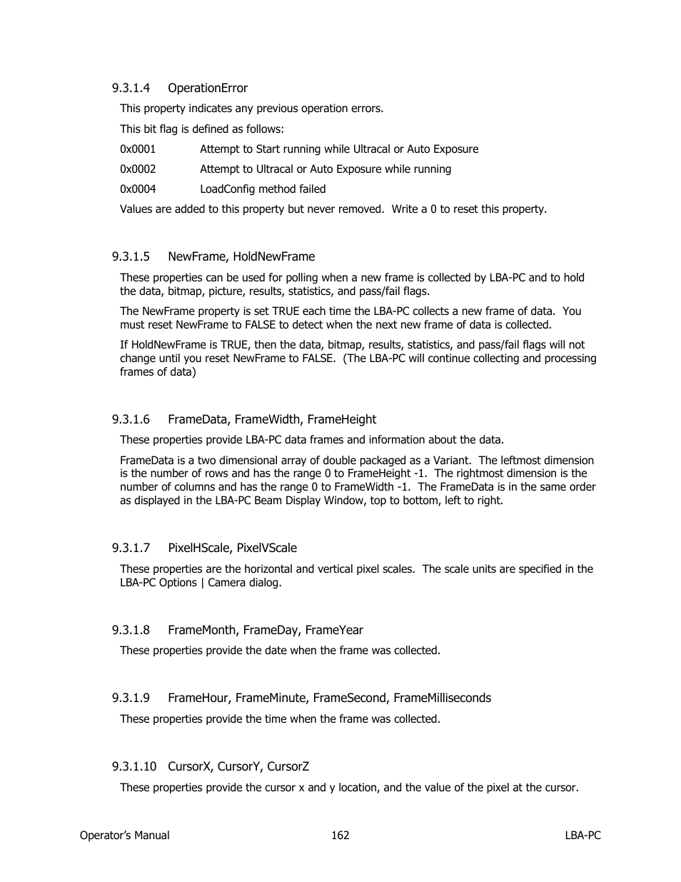 Operationerror, Newframe, holdnewframe, Framedata, framewidth, frameheight | Pixelhscale, pixelvscale, Framemonth, frameday, frameyear, Cursorx, cursory, cursorz | SIGMA LBA-708 User Manual | Page 162 / 281
