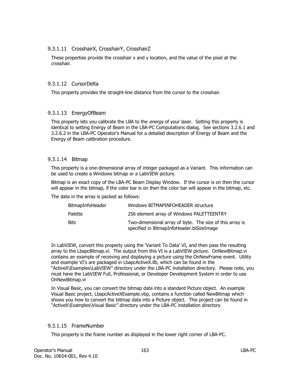 Crosshairx, crosshairy, crosshairz, Cursordelta, Energyofbeam | Bitmap, Framenumber | SIGMA LBA-708 User Manual | Page 163 / 281