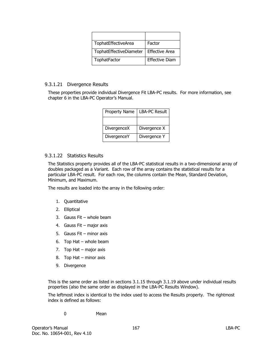 Divergence results, Statistics results | SIGMA LBA-708 User Manual | Page 167 / 281