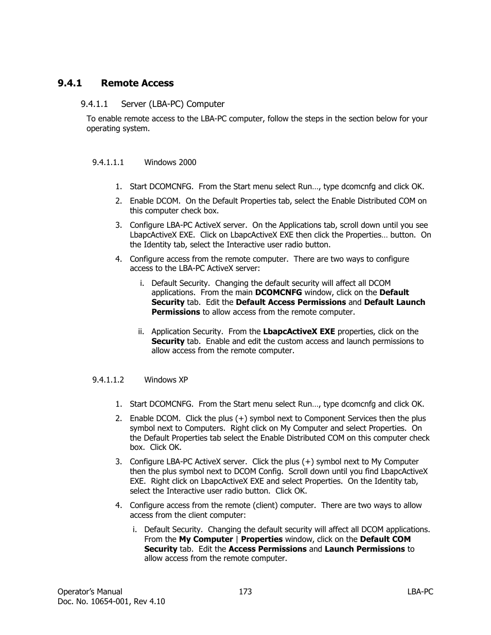 Remote access, Server (lba-pc) computer, Windows 2000 | Windows xp | SIGMA LBA-708 User Manual | Page 173 / 281