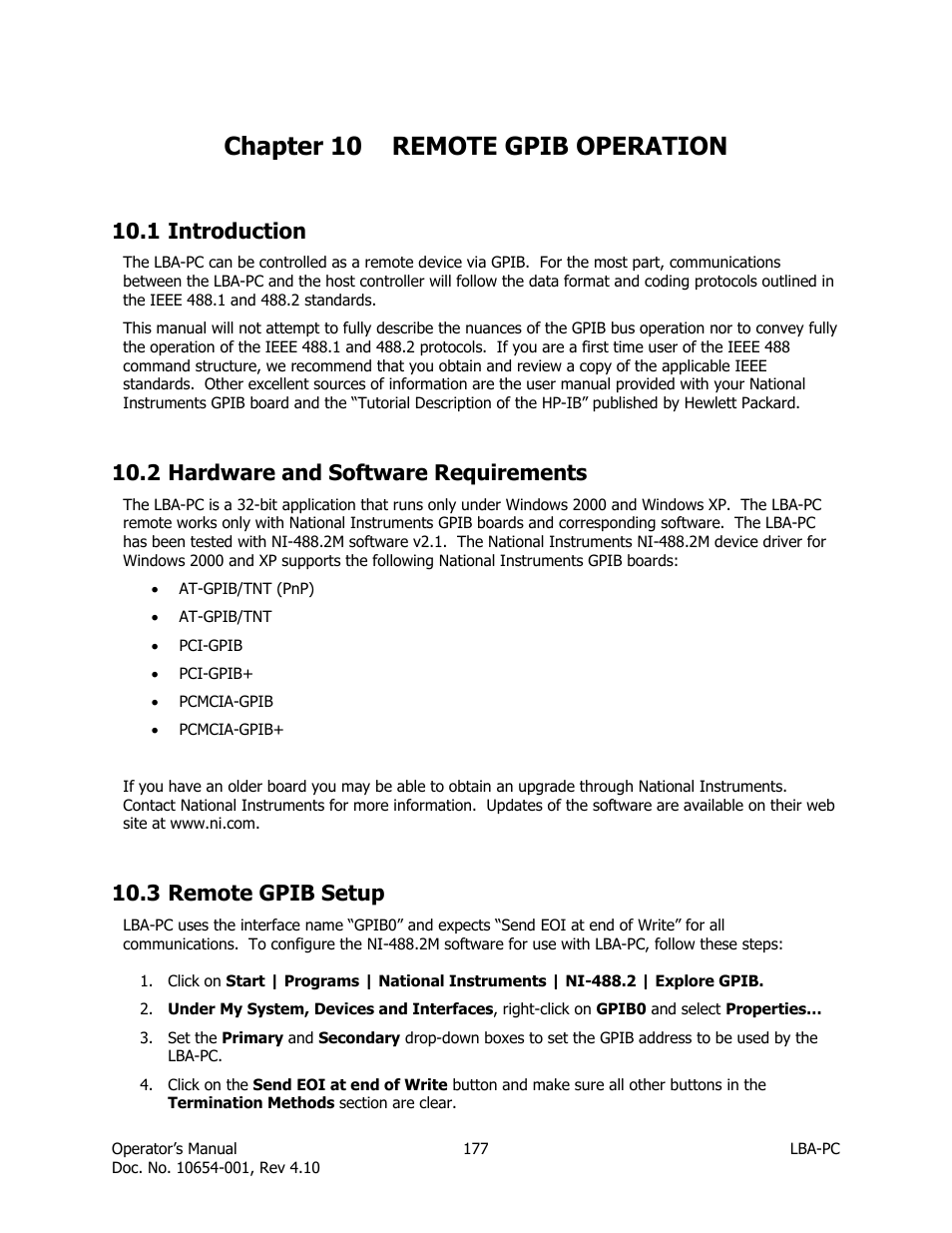 Remote gpib operation, Introduction, Hardware and software requirements | Remote gpib setup, Chapter 10 remote gpib operation, 1 introduction, 2 hardware and software requirements, 3 remote gpib setup | SIGMA LBA-708 User Manual | Page 177 / 281