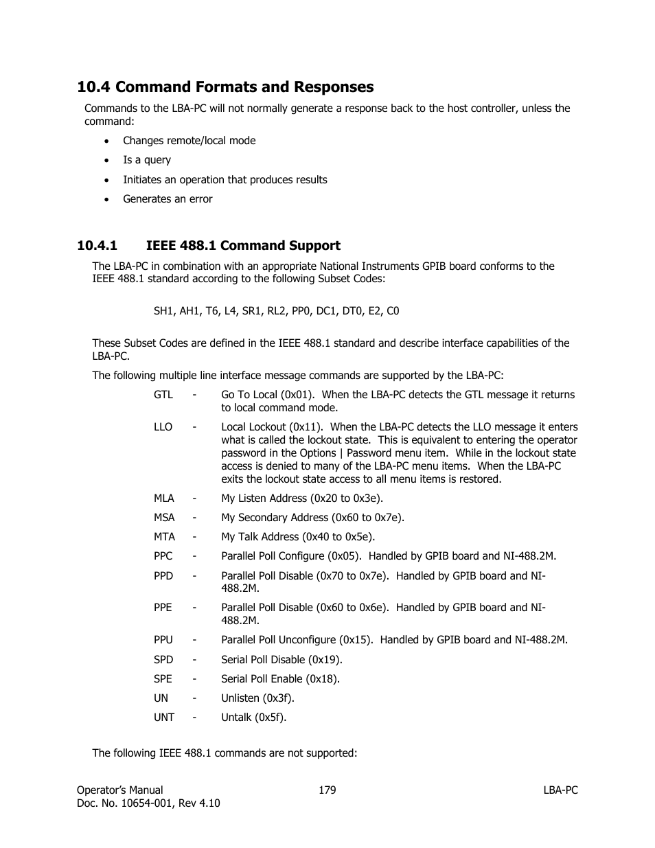 Command formats and responses, Ieee 488.1 command support, 4 command formats and responses | SIGMA LBA-708 User Manual | Page 179 / 281