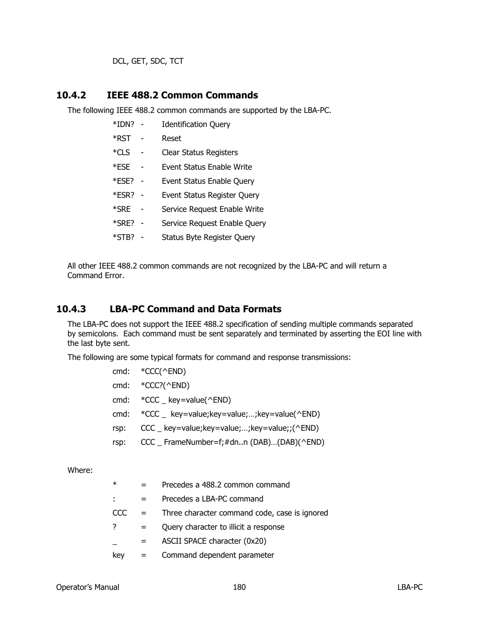 Ieee 488.2 common commands, Lba-pc command and data formats | SIGMA LBA-708 User Manual | Page 180 / 281