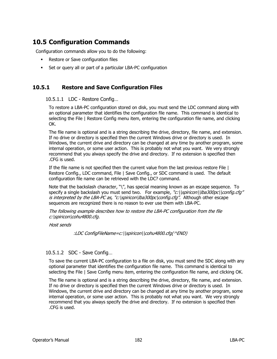 Configuration commands, Restore and save configuration files, Ldc - restore config | Sdc - save config, 5 configuration commands | SIGMA LBA-708 User Manual | Page 182 / 281