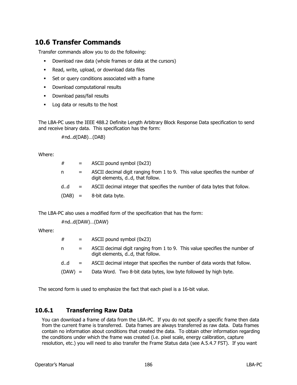 Transfer commands, Transferring raw data, 6 transfer commands | SIGMA LBA-708 User Manual | Page 186 / 281