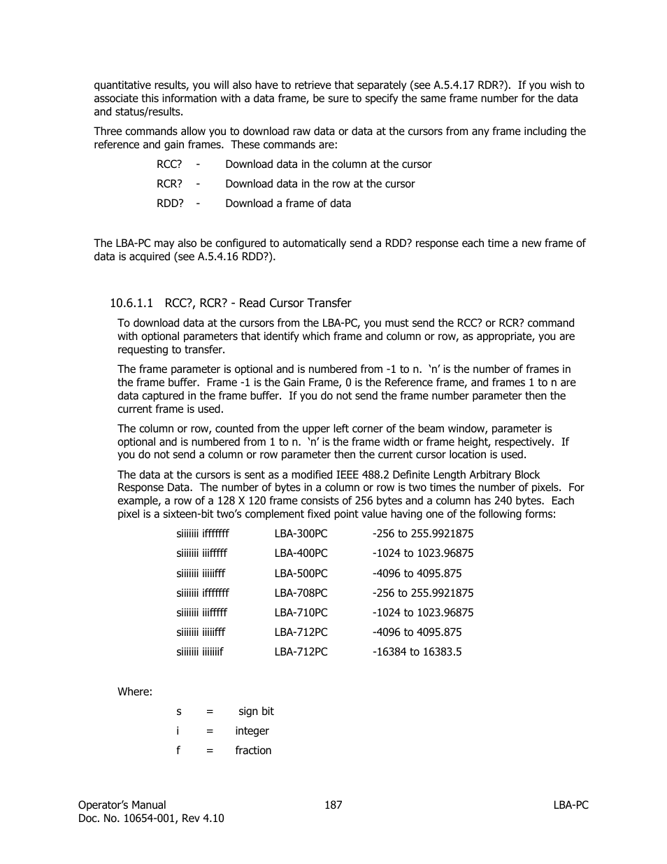 Rcc?, rcr? - read cursor transfer | SIGMA LBA-708 User Manual | Page 187 / 281