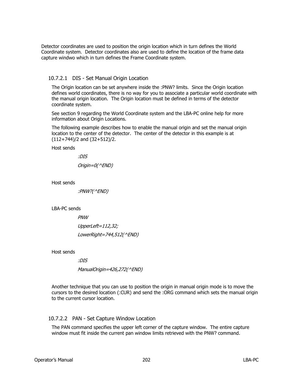 Dis - set manual origin location, Pan - set capture window location | SIGMA LBA-708 User Manual | Page 202 / 281