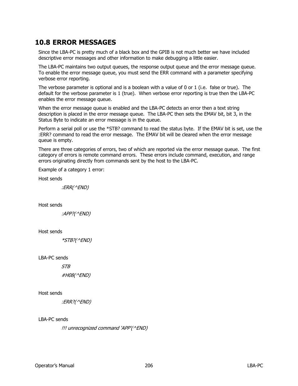 Error messages, 8 error messages | SIGMA LBA-708 User Manual | Page 206 / 281