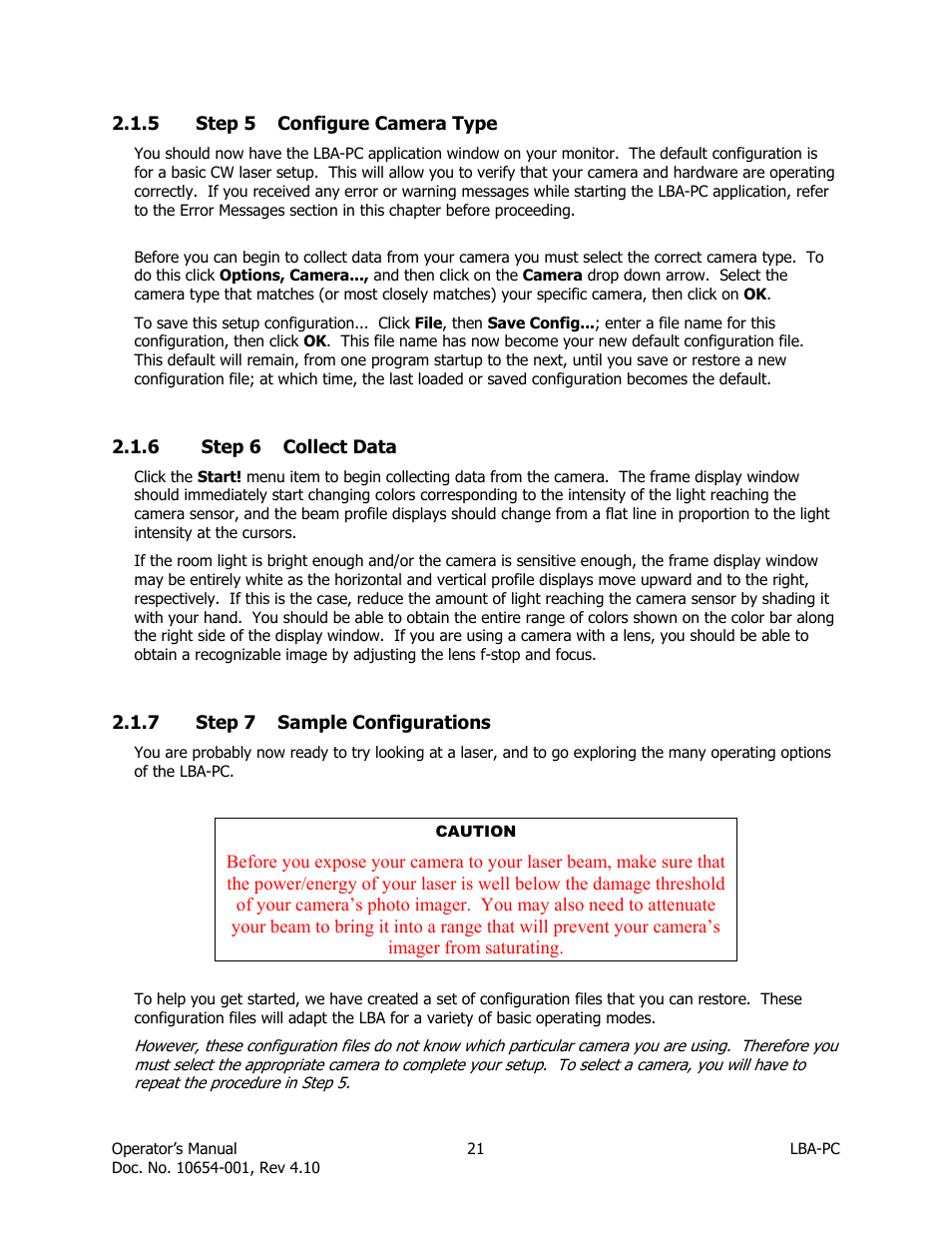 Step 5 configure camera type, Step 6 collect data, Step 7 sample configurations | SIGMA LBA-708 User Manual | Page 21 / 281