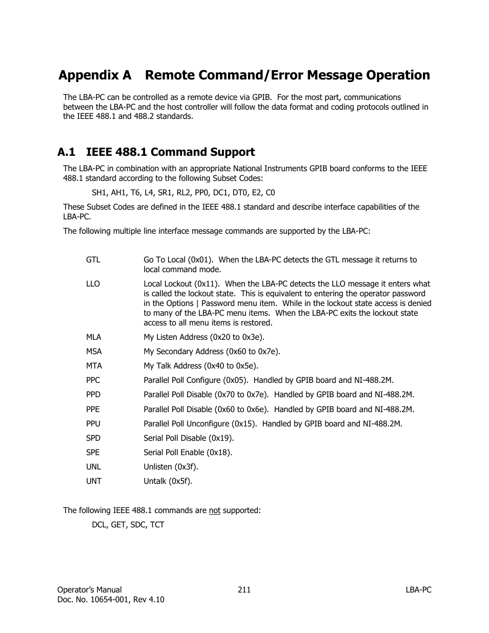 Remote command/error message operation, Ieee 488.1 command support, Appendix a remote command/error message operation | SIGMA LBA-708 User Manual | Page 211 / 281