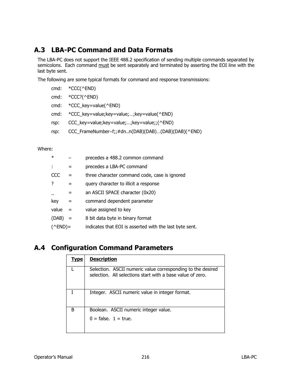 Lba-pc command and data formats, Configuration command parameters, A.3 lba-pc command and data formats | A.4 configuration command parameters | SIGMA LBA-708 User Manual | Page 216 / 281