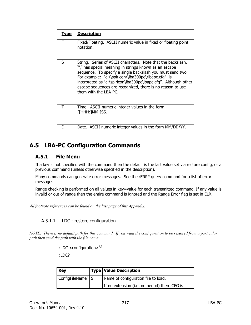 Lba-pc configuration commands, File menu, Ldc - restore configuration | A.5 lba-pc configuration commands | SIGMA LBA-708 User Manual | Page 217 / 281
