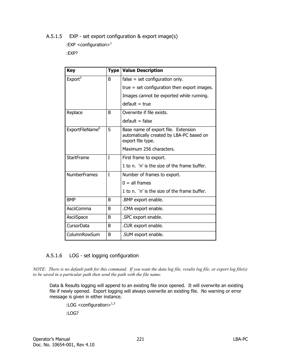 Exp - set export configuration & export image(s), Log - set logging configuration | SIGMA LBA-708 User Manual | Page 221 / 281