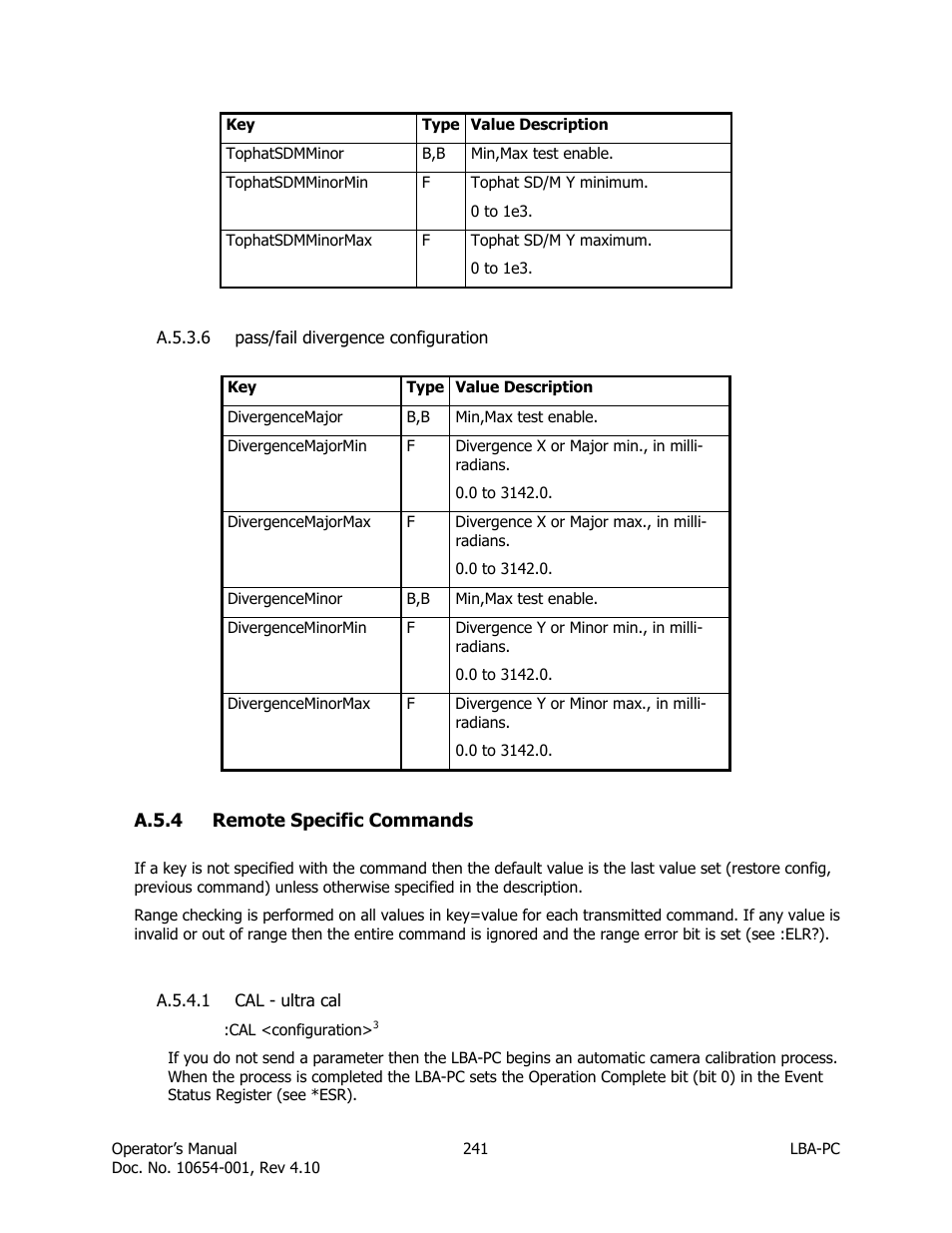 Pass/fail divergence configuration, Remote specific commands, Cal - ultra cal | SIGMA LBA-708 User Manual | Page 241 / 281