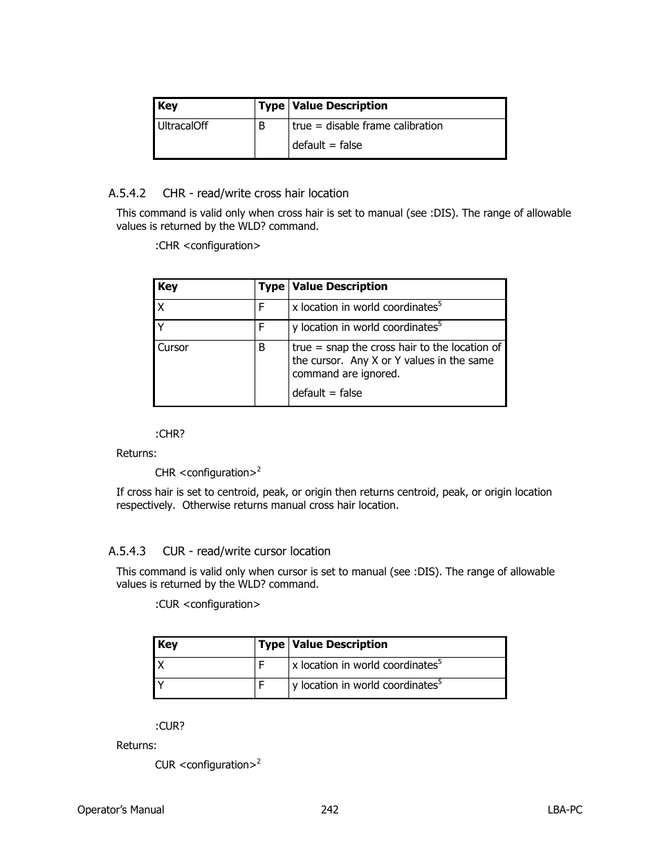 Chr - read/write cross hair location, Cur - read/write cursor location | SIGMA LBA-708 User Manual | Page 242 / 281