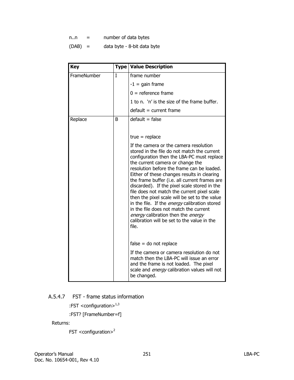 Fst - frame status information | SIGMA LBA-708 User Manual | Page 251 / 281