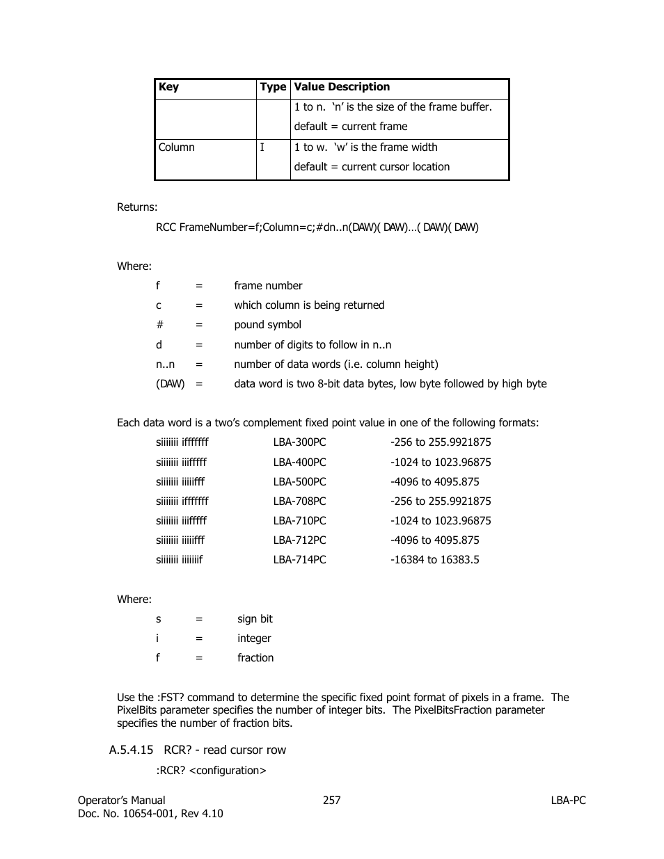 Rcr? - read cursor row | SIGMA LBA-708 User Manual | Page 257 / 281