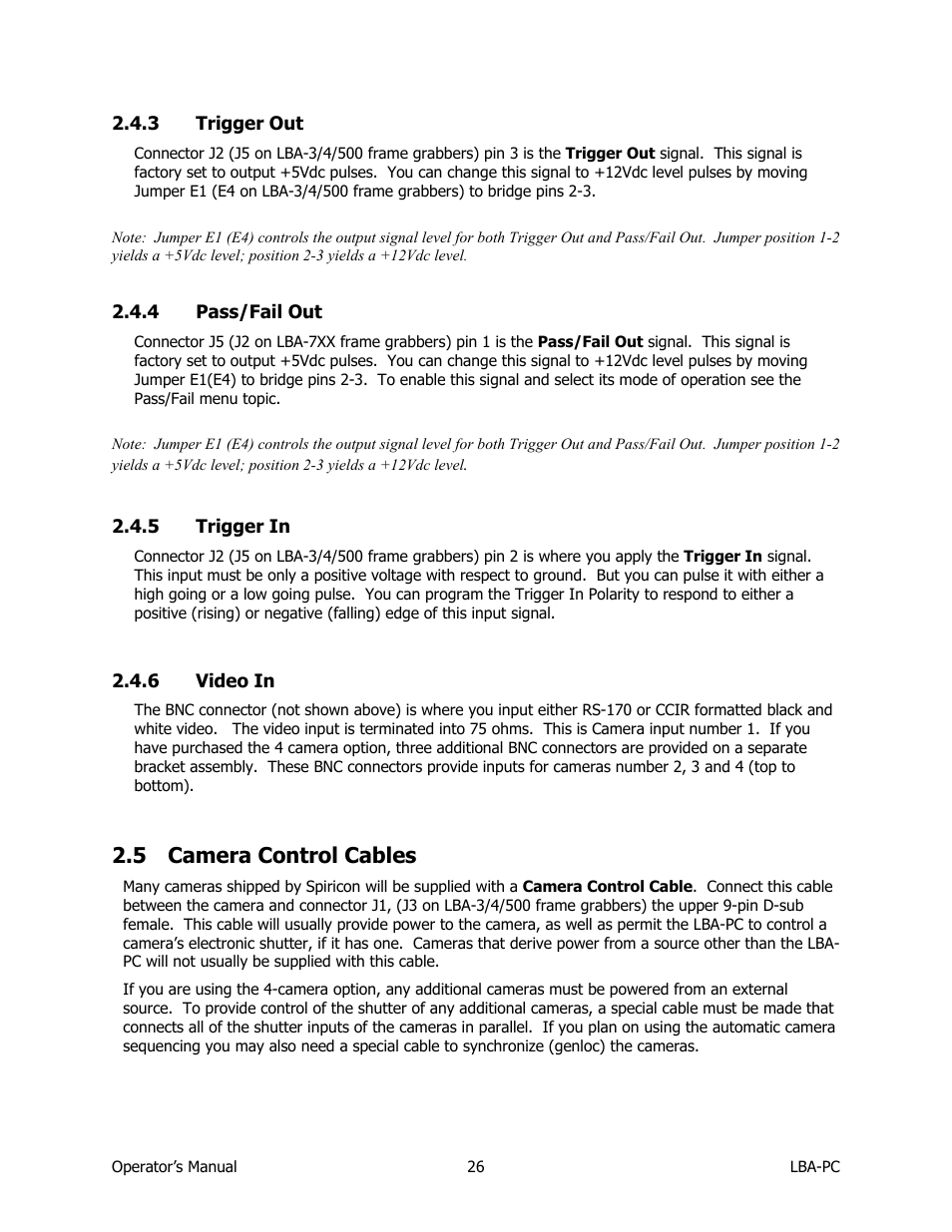 Trigger out, Pass/fail out, Trigger in | Video in, Camera control cables, 5 camera control cables | SIGMA LBA-708 User Manual | Page 26 / 281