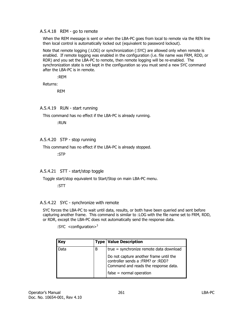 Rem - go to remote, Run - start running, Stp - stop running | Stt - start/stop toggle, Syc - synchronize with remote | SIGMA LBA-708 User Manual | Page 261 / 281