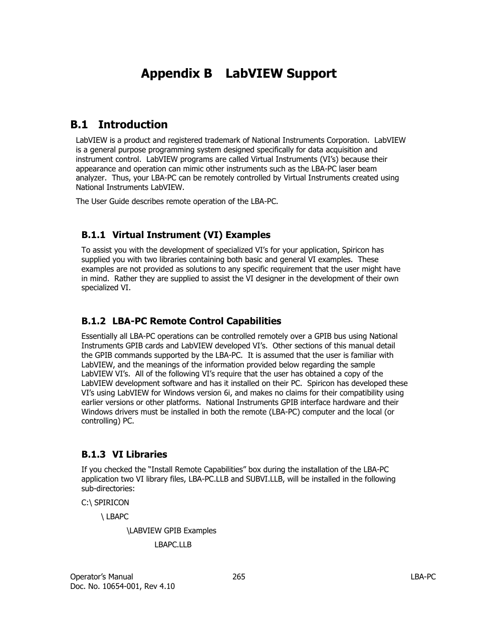 Labview support, Introduction, Virtual instrument (vi) examples | Lba-pc remote control capabilities, Vi libraries, Appendix b labview support, B.1 introduction | SIGMA LBA-708 User Manual | Page 265 / 281