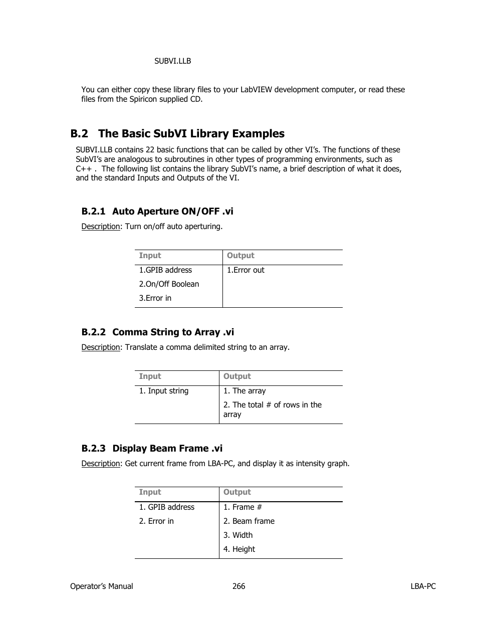 The basic subvi library examples, Auto aperture on/off .vi, Comma string to array .vi | Display beam frame .vi, B.2 the basic subvi library examples | SIGMA LBA-708 User Manual | Page 266 / 281