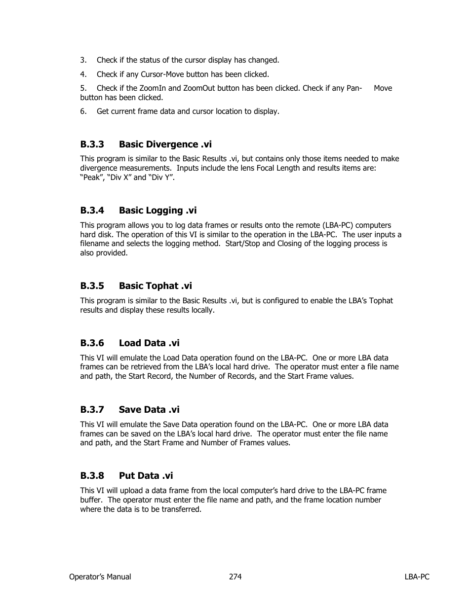 Basic divergence .vi, Basic logging .vi, Basic tophat .vi | Load data .vi, Save data .vi, Put data .vi | SIGMA LBA-708 User Manual | Page 274 / 281