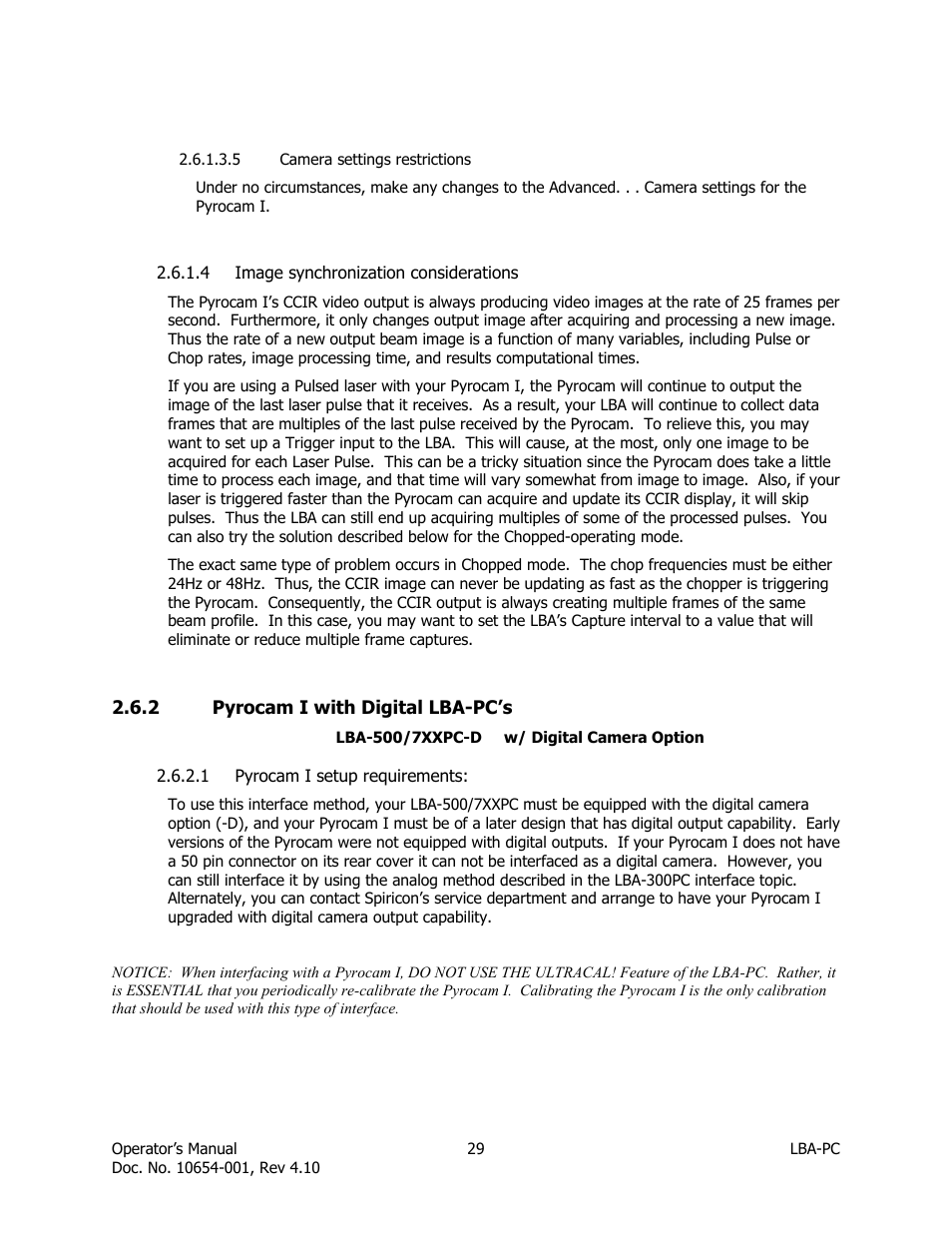 Camera settings restrictions, Image synchronization considerations, Pyrocam i with digital lba-pc’s | Pyrocam i setup requirements | SIGMA LBA-708 User Manual | Page 29 / 281
