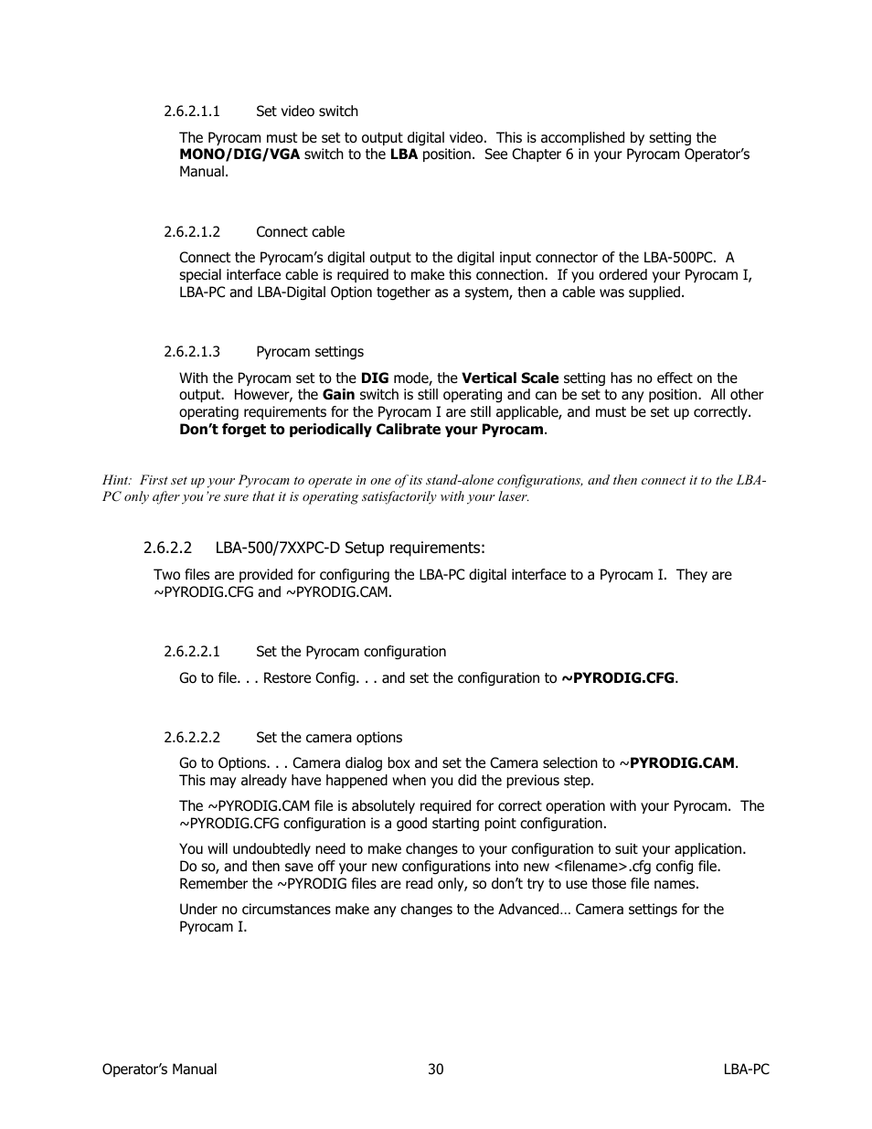 Set video switch, Connect cable, Pyrocam settings | Lba-500/7xxpc-d setup requirements, Set the pyrocam configuration, Set the camera options | SIGMA LBA-708 User Manual | Page 30 / 281