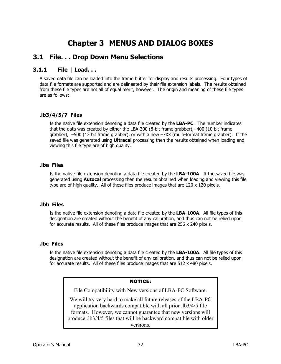 Menus and dialog boxes, File. . . drop down menu selections, File | load | Lb3/4/5/7 files, Lba files, Lbb files, Lbc files, Chapter 3, 1 file. . . drop down menu selections, Chapter 3 menus and dialog boxes | SIGMA LBA-708 User Manual | Page 32 / 281