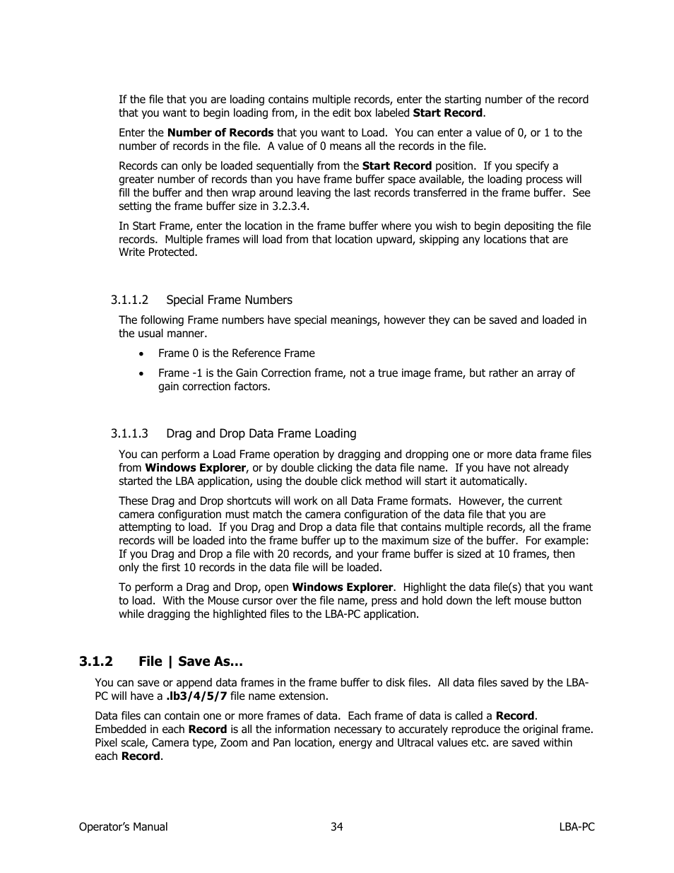Special frame numbers, Drag and drop data frame loading, File | save as | SIGMA LBA-708 User Manual | Page 34 / 281
