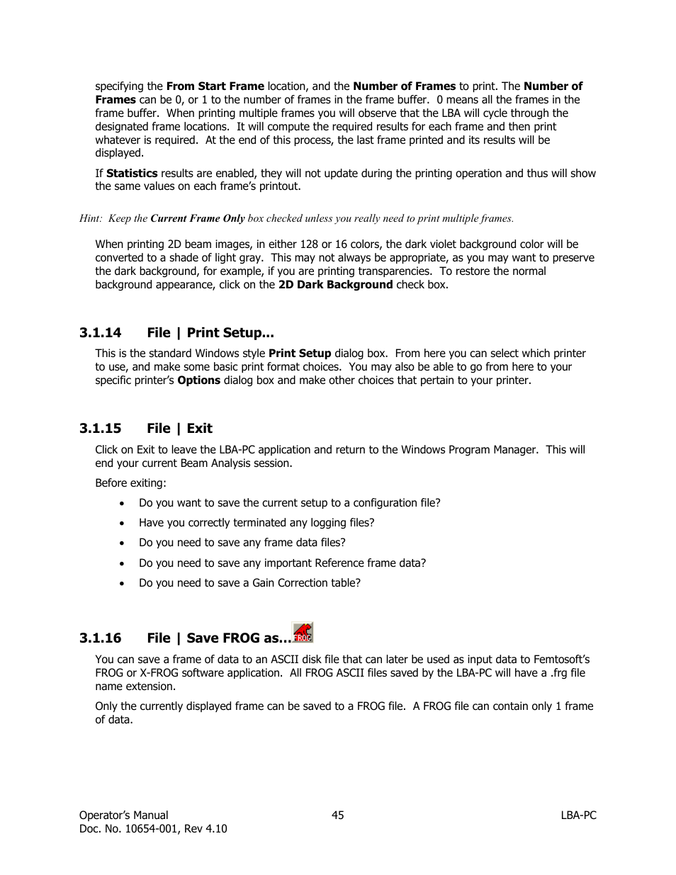 File | print setup, File | exit, File | save frog as | SIGMA LBA-708 User Manual | Page 45 / 281