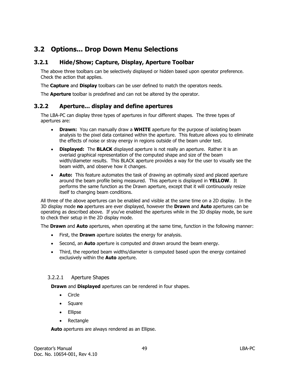 Options... drop down menu selections, Hide/show; capture, display, aperture toolbar, Aperture... display and define apertures | Aperture shapes, 2 options... drop down menu selections | SIGMA LBA-708 User Manual | Page 49 / 281