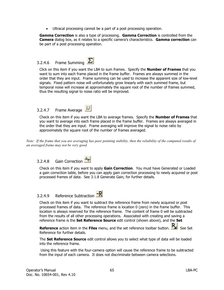 Frame summing, Frame average, Gain correction | Reference subtraction | SIGMA LBA-708 User Manual | Page 65 / 281