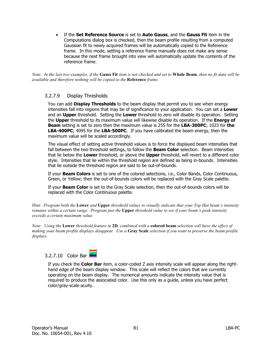 Display thresholds, Color bar | SIGMA LBA-708 User Manual | Page 81 / 281