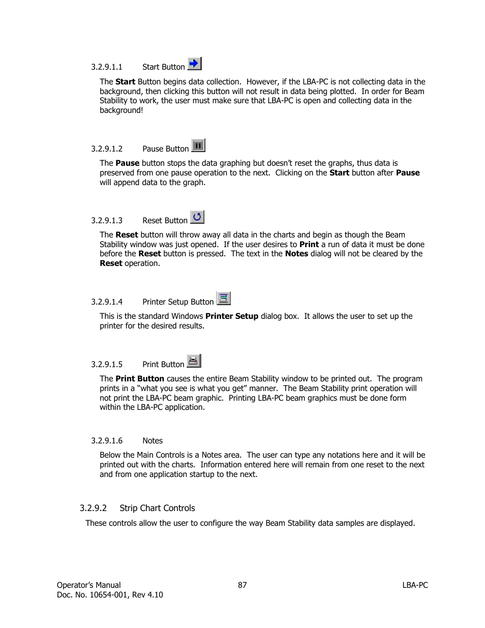 Start button, Pause button, Reset button | Printer setup button, Print button, Notes, Strip chart controls | SIGMA LBA-708 User Manual | Page 87 / 281